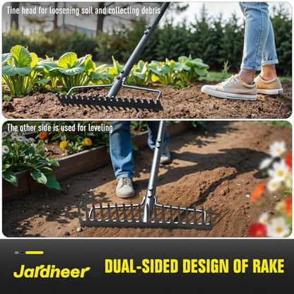 Bow Rake Heavy Duty, Long Handle Metal Rakes for Gravel, Rocks, Lawns Leaves, Soil Leveling, Landscaping, Garden Rake with 18 Steel Tines (59 Inches)