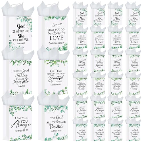 Resholder 30 Pcs Greenery Christian Gift Bags with Tissue Papers Religious Bible Verse Paper Bags with Handles Inspirational Eucalyptus Treat Pouches Church Gifts for Spring Wedding Baptism Party - style: Greenery Christian