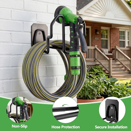 Wall Mount Hose Holder w/Nozzle Slot, Rust Resistant,Glossy Black | Multi-purpose heavy duty garden hose holder with rust resistance,easy to assemble for indoor and outdoor use,fits 100ft hoses - color: Glossy Black