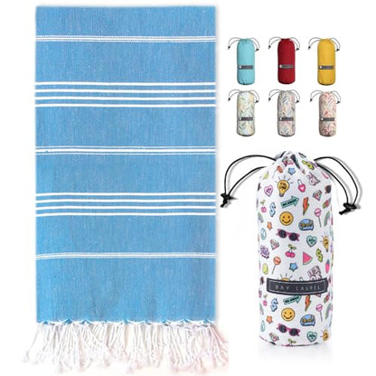 BAY LAUREL Turkish Beach Towel with Travel Bag 39 x 71 Quick Dry Sand Free Lightweight Large Oversized Towels Light - color: Blue With Mix White