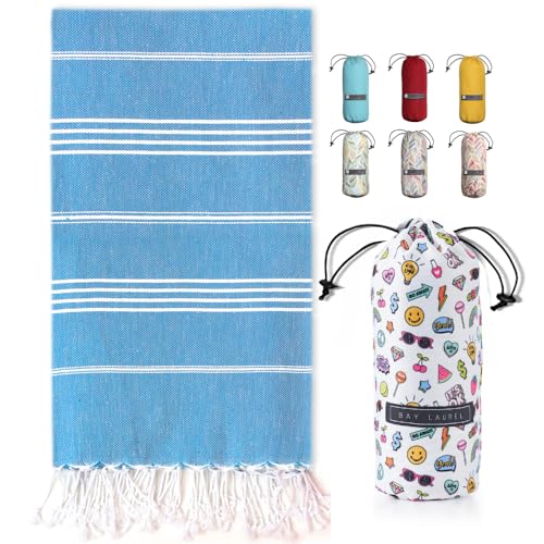 BAY LAUREL Turkish Beach Towel with Travel Bag 39 x 71 Quick Dry Sand Free Lightweight Large Oversized Towels Light - color: Blue With Mix White