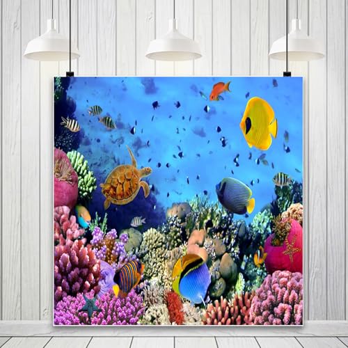 AOFOTO 10x10ft Underwater Ocean Coral Reef Backdrop Under The Sea Tropical Fish Sea Turtle Marine Life Photography Background Seabed World Nature Scene Aquarium Decor Kids Portrait Photo Shoot Props - size: 10x10ft