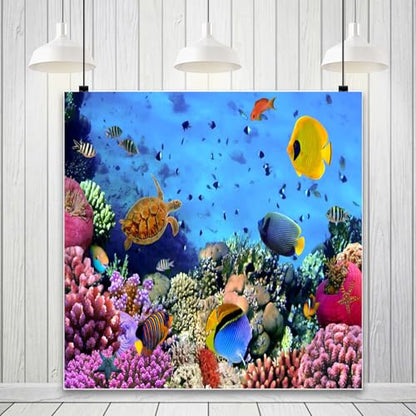 AOFOTO 10x10ft Underwater Ocean Coral Reef Backdrop Under The Sea Tropical Fish Sea Turtle Marine Life Photography Background Seabed World Nature Scene Aquarium Decor Kids Portrait Photo Shoot Props - size: 10x10ft