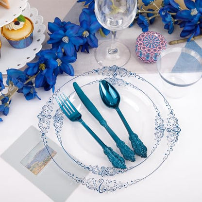 Hioasis 175pcs Clear and Blue Plates - Blue Party Plates for 25 Guest, Include 50 Heavy-duty Plates(20% Thicker Than Standard), 25 Pre Rolled Gold Plastic Silverware Set, 25 Cups for Graduation - color: Clear and Blue