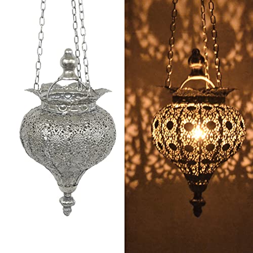 Westcharm Antique Silver Oriental Moroccan Ramadan Lantern Metal Hanging Pendant Light Candle Lantern Lamp Decorative Decor Indoor Outdoor - Small - size: 1 Small