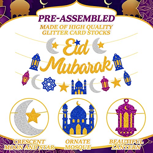 Eid Mubarak Banner Star Moon Lantern Castle Theme Party Supplies for Muslim Islamic Eid Al-fitr Festival Celebration Party Decorations （Gold）
