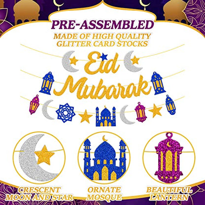 Eid Mubarak Banner Star Moon Lantern Castle Theme Party Supplies for Muslim Islamic Eid Al-fitr Festival Celebration Party Decorations （Gold）