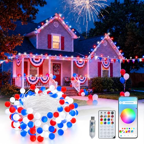 echosari Smart 4th of July Lights Plug in, 10FT 60 LED Color Changing Globe Fairy Lights RGB Built in Chip with App Remote Control, Firecracker String Lights for Indoor Bedroom Party Holiday Decor - color: Globe