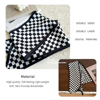 Silk Feeling Head Scarf Fashion Satin Hair Scarf Square Long Scarves for Women Gifts - color: 00 Black Checkerboard 5.12 X 59 Inch