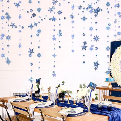 Cheerland Blue Star and Moon Glitter Garland Birthday Party Decorations Baby Shower Outdoor Streamers Photo Backdrop 1st Bday Party Decoration Office Classroom Ceiling Hanging Winter Decor Supplies - color: Blue