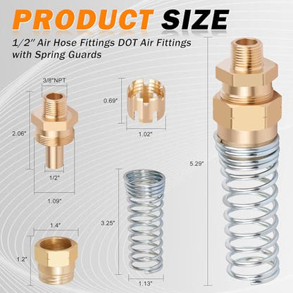 4 Pack 1/2 Hose x 3/8” Male Connector Air Brake Hose Fitting with 8 Pack Fitting Sleeve Tube, Brass DOT End Fitting for Air Brake Systems - size: 1/2" Hose x 3/8" Male, style: 4pcs Connector with Spring Guard