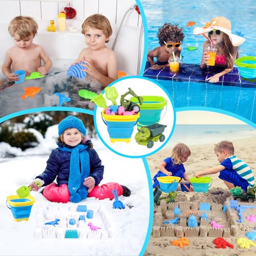 Beach Sand Toys, Sandbox Toys with 2 Dinosaur Dump Truck, Collapsible Bucket, Creative Molds, Mesh Bag, Sand Castle Play Set for Kids Ages 3-12, Outdoor Summer Beach Essentials for Building & Playing