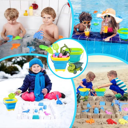 Beach Sand Toys, Sandbox Toys with 2 Dinosaur Dump Truck, Collapsible Bucket, Creative Molds, Mesh Bag, Sand Castle Play Set for Kids Ages 3-12, Outdoor Summer Beach Essentials for Building & Playing