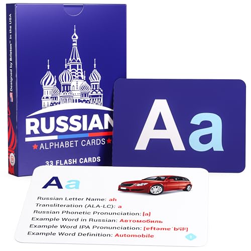 Briston Russian Alphabet Flash Cards – Learn Cyrillic Letters with Pronunciation & Transliteration – Educational Language Learning Flashcards for Kids & Adults, 33 Cards + Alphabet Chart