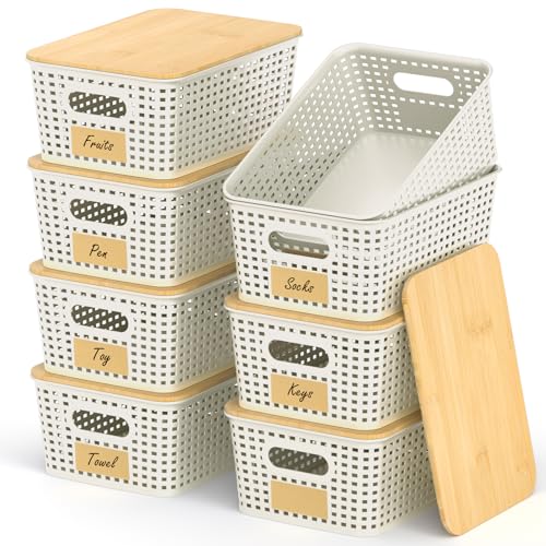 Stackable Storage Baskets: 8 Pack Plastic Baskets Bins, White | Decorative Baskets for Organizing, Pantry Decorative Containers for Closets, Cabinets, Shelves - color: White