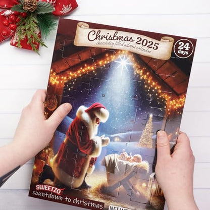 Nativity Advent Calendar, Santa Kneeling Chocolatey Christmas Countdown 24 Days, 2.4 Ounces