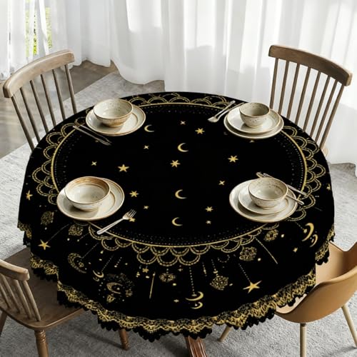 Black and Gold Lace Tablecloth for Ramadan - Round Elegant Table Cover with Star and Crescent Moon Design, Classic Home Dining Table Decor for Everyday Use