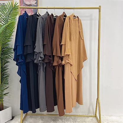 Women Prayer Dress Muslim Ramadan Garment Abaya Dubai Islam Jilbeb 2 Piece Set Layered Khimar Scarf Hijab and Long Dress - color: Dark Blue, size: Large