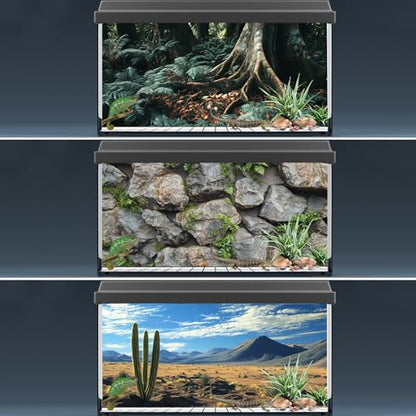 3 PCS Terrarium Background, 36x18 inch Polyester Reptile Backgrounds | Cloth Terrarium Background, Tropical Green Tree Fern & Gobi Desert Sunshine Cactus Rock Terrarium Background - size: 36x18 Inch