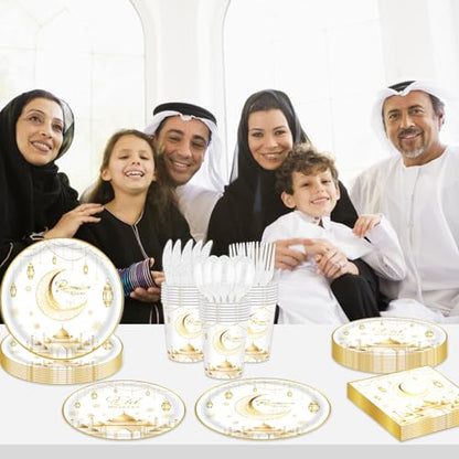 Auch Eid Mubarak Party Supplies Set – 24 Pack Tableware Set for Ramadan Eid Celebrations - Include Plates, Paper Cups, Napkins, Gold Foil Cutlery (White)