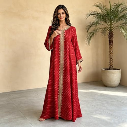Women Muslim Abaya Dress V Neck Embroidered Kaftan Long Sleeve Loose Islamic Maxi Prayer Robe for Ramadan Eid - color: Red, size: XX-Large
