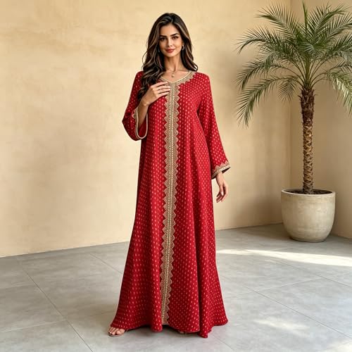 Women Muslim Abaya Dress V Neck Embroidered Kaftan Long Sleeve Loose Islamic Maxi Prayer Robe for Ramadan Eid - color: Red, size: X-Large