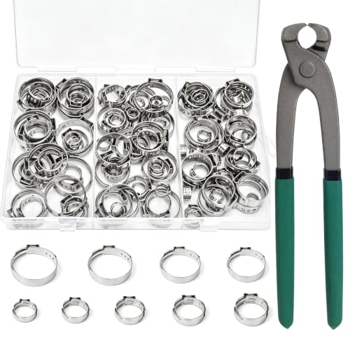 135PCS Sieqioor 9 Sizes Single Ear Clamp Kit,304SS 5.3-26mm, With Pincer | 304 Stainless Steel Single Ear Hose Clamp, Stepless Hose Clamps Cinch Rings for Automotive, Home Appliance Line and Plumbing - size: 135pcs+1pcs Pincer