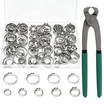 135PCS Sieqioor 9 Sizes Single Ear Clamp Kit,304SS 5.3-26mm, With Pincer | 304 Stainless Steel Single Ear Hose Clamp, Stepless Hose Clamps Cinch Rings for Automotive, Home Appliance Line and Plumbing - size: 135pcs+1pcs Pincer