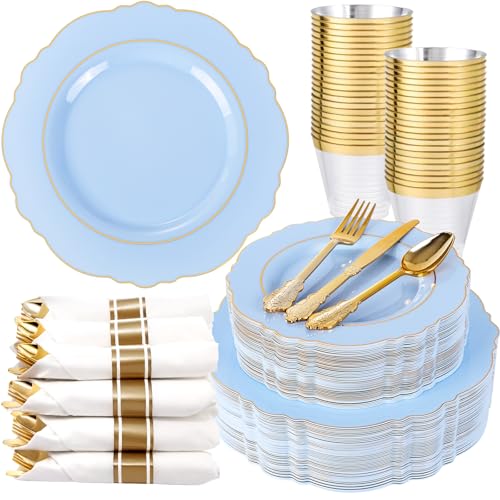 Liacere 350PCS Blue Plastic Plates - Disposable Blue and Gold Plates 50guest Baroque Plastic Dinnerware include 100Plates, 50Pack Pre Rolled Napkins with Silverware 50Cups for Wedding&Party - color: Light Blue