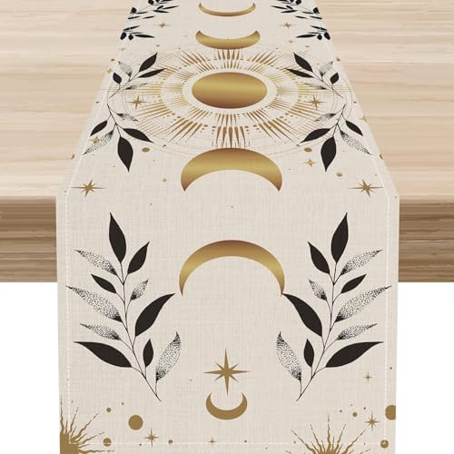 Boho Floral Table Runner, Vintage Moon Phase Hippie Astrology Moonlit Leaves Mystic Aesthetics Art Table Center Decor for Home Kitchen Dining Patio Holiday Party Table Decorations, 13"x36" Inch - color: Moonlit-3, size: 13x36" Table Runner