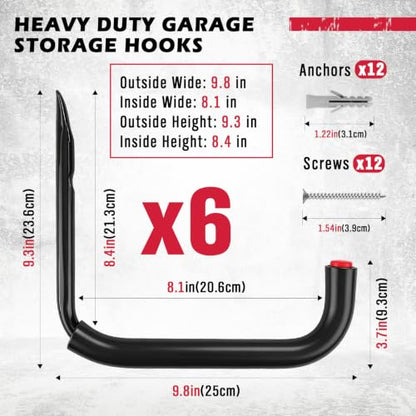 SEDY 6 Pack Heavy Duty Garage Hooks, Ladder Hooks for Garage Wall, Each Holds Up to 66 LB, 9.8 Inch EVA-Padded Steel Utility Hangers for Bikes, Folding Chairs, Garden Hoses and Tools - color: 6 Pack 9.8" Heavy Duty Garage Hooks