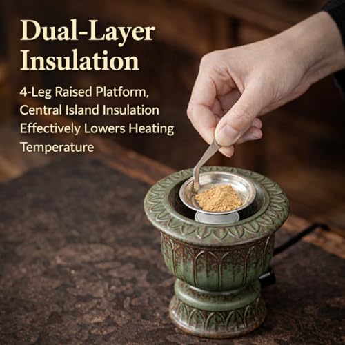 Ceramic Holder Electric Incense Burner, Classical Patterns, Elegant and High-end Hollow Design，Ultra-High Temperature, Dual Layer Protection