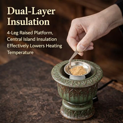 Ceramic Holder Electric Incense Burner, Classical Patterns, Elegant and High-end Hollow Design，Ultra-High Temperature, Dual Layer Protection