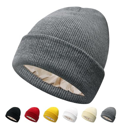 PFFY Satin Lined Beanie for Women Winter Hats Warm Reduce Frizz - color: Grey