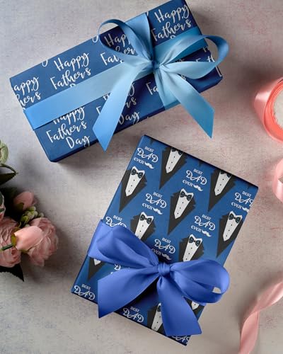 Cuitpan Father's Day Wrapping Paper - Blue Gift Wrap for Men With Happy Father's Day,Suit, tie, Hat, Mustache and Plaid Design - 20×29 Inches, 8 Folded Sheets Easy to Store - color: Blue-Father's Day