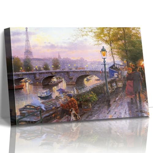 STUDIO HAVEN Thomas Kinkade Canvas Wall Art, Paris Riverbank Eiffel Tower Painter Dog Art Stall Seine River at Dusk Oil Painting Poster Cityscape Wall Decor, Framed Prints for Home Decor, 16x12Inch - color: Thomas027, size: 16"L x 12"W