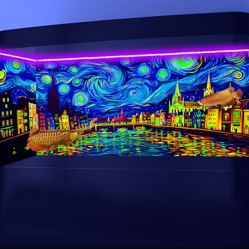 60X24IN Blacklight Vincent Van Gogh Black Light Aquarium Background, UV Fish Tank Background Art Oil Painting Terrarium Background with 10 EVA Double-Sided Tape - size: 60X24in/150X60cm