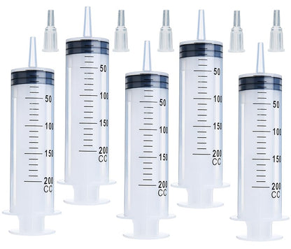 5 Pack 200ml Syringe with Cap, Individually Sterile Sealed Large Plastic Syringes for Scientific Labs, Liquid Measuring, Pet Feeding, Oil Transfer, Glue Dispensing and Plant Care - size: 200 ml