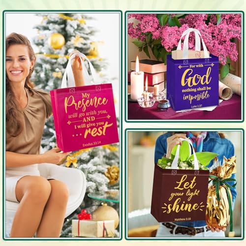HunnmingRe Christian Gift Bags Bulk, Reusable Flower Religious Bible Verse Tote with Handles Non Woven Scripture Pastor Blessing Gift for Baptism Church Wedding Favors(32 Pcs,Mixed) - style: Mixed