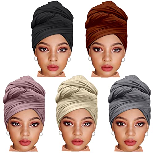 ZRQ 5 Pieces Stretch Headwrap Scarf Jersey Turbans for Women Fashion Headwear Boho Extra Long Scarf Soft Breathable Easy Knot Hijab Tie (Black,Coffee,Beige,Leather powder,Dark Grey) - color: Black,Coffee,Beige,Leather powder,Dark Grey