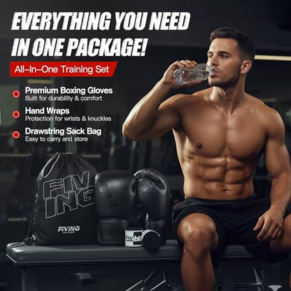 Boxing Gloves with Hand Wraps | for Men and Women, Kickboxing, Mixed Martial Arts, Muay Thai, Heavy Bag Training - color: Black, size: 10oz