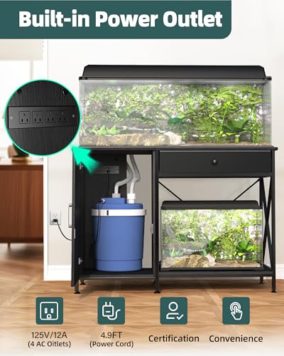 40-50 Gallon Aquarium Stand with Cabinet Drawer, Power Outlet,Black | Fish Tank Stand,Heavy Duty Metal for Turtle Tank , Reptile Terrarium,Fits Office Home,36"x 18"MDF Tabletop,850lbs Capacity - color: Blcak, size: 40-50 Gallon