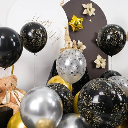 Black and Gold Balloons, Black Silver Gold Balloons, Silver Star Fireworks Printed Balloon With Star Foil Balloon For New Year Retirement Graduation Birthday Baby Shower Party Wedding Celebration - color: Black Silver Gold