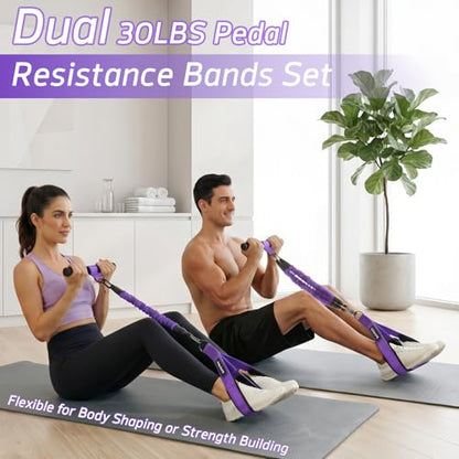 Pedal Resistance Band with Handle: Upgraded 2 Tube Adjustable Resistance Bands for Abdomen, Waist, Arm, Core/ABS, Leg, Physical Therapy - Sit Up Exercise Equipment for Women Home Gym Travel Workout