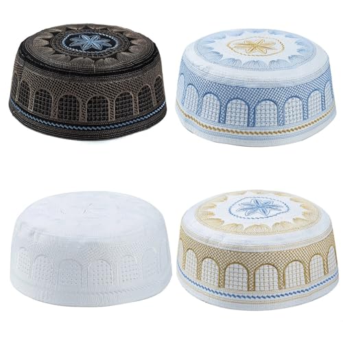 4 Pieces Muslim Prayer Cap Kufi Hat Men Islam Embroidery Arabian Omani Turkish for Eid - size: Large
