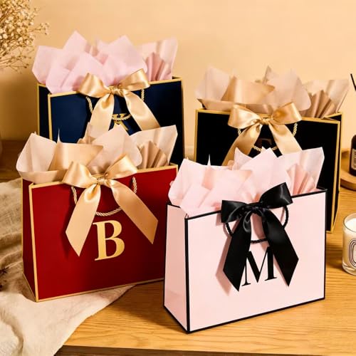 Topaliving Personalized Gift Bag with Card and Tissue Paper, 26 Letters Birthday Gift Bag 13'' Custom Valentines Weddings Present with Initials/Numbers for Women Men Kids (Red,C) - color: Red, size: C