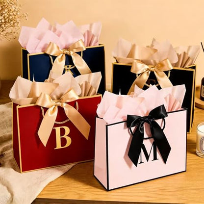 Topaliving Personalized Gift Bag with Card and Tissue Paper, 26 Letters Birthday Gift Bag 13'' Custom Valentines Weddings Present with Initials/Numbers for Women Men Kids (Red,M) - color: Red, size: M