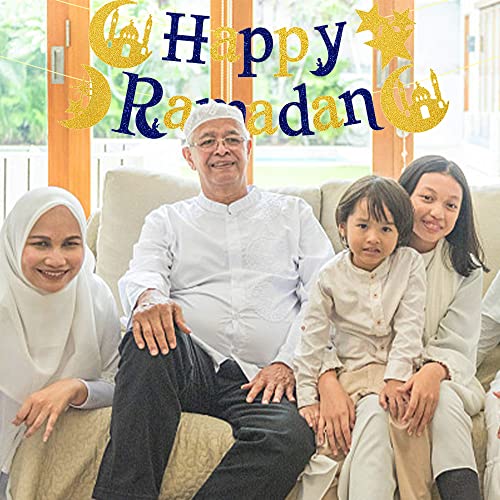 Ramadan Kareem Banner Glitter Happy Ramadan Words Stars Moon Banner, Eid Mubarak Decor Banner for Ramadan Kareem Party Decoration Anniversary Home Bedroom Front Door Room Hanging Decoration Supplies