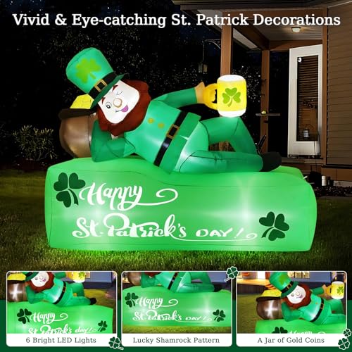 Lewondr 5.9FT St Patricks Day Inflatable Outdoor Decorations, Inflatable Leprechaun Lay on the Bed with Shamrocks, Blow up Yard Decoration with 6 Build-in Lights for Holiday Party Yard Lawn Garden - style: Leprechaun