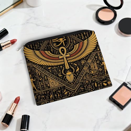 Egyptian Symbols Golden Hieroglyphic Makeup Bag for Women, Cosmetic Pouch Travel Toiletry Organizer Bag 8.9"x6.5" Polyester - color: Egyptian Symbols Golden Hieroglyphic